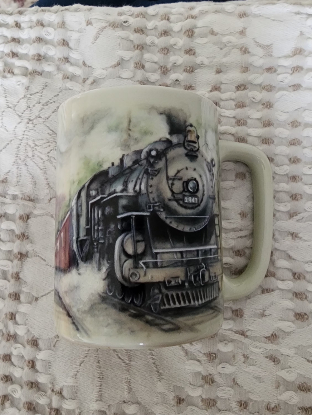 Otagiri Cream Train Illustration Mug with Black Locomotive Art